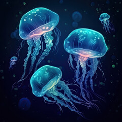 Illustration of several fluorescent blue jellyfish floating placidly in the sea.