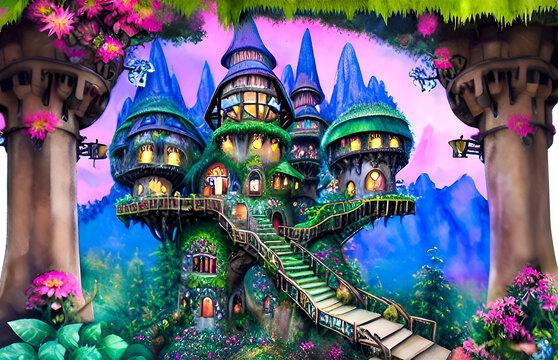 Fantasy fairy tale castle in the jungle. Digital watercolor painting.