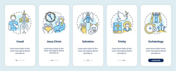 Christian beliefs onboarding mobile app screen. Statements walkthrough 5 steps editable graphic instructions with linear concepts. UI, UX, GUI template. Myriad Pro-Bold, Regular fonts used