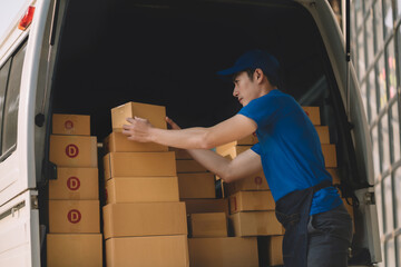 Asian delivery man work in truck for checking the product in the truck, concept ecommerce.