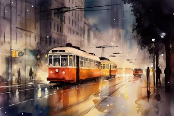 Wall murals Watercolor painting skyscraper Watercolor painting of beautiful city. Landmark painting with colorful buildings, city transport, house, restaurant, cafe, plants, brick, tram, walkway, and rainy day for print, generative AI