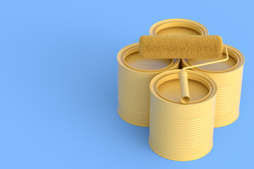 Set of metal cans or buckets with paint roller and brush on monochrome.