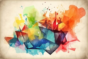 Abstract grunge geometric shapes watercolor background. Hand drawn bright modern painting texture. Watercolour print, wallpaper, wrapping, generative AI