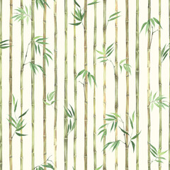 Fototapeta na wymiar Floral seamless pattern of plants bamboo, vertical watercolor illustration on ivory background for textile, wallpapers or tender asian background.