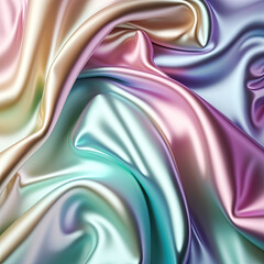 Pastel iridescent abstract shiny plastic silk or satin wavy background. Generative AI.