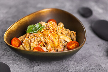 Udon stir-fry noodles with meat and vegetables. Asian cuisine
