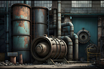 Naklejka premium old oil drums and pipes, Generative AI