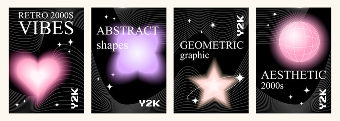Collection of four retro Y2K vector posters with abstract blurred shapes, stars and lines.