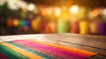 Blank wooden table in front of abstract blurred bright cinco de mayo background. Generative AI.