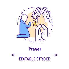 Prayer concept icon. Sending affirmations to God. Religious practice abstract idea thin line illustration. Isolated outline drawing. Editable stroke. Arial, Myriad Pro-Bold fonts used