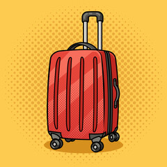 Wheeled travel luggage suitcase with wheels baggage pinup pop art retro raster illustration. Comic book style imitation.
