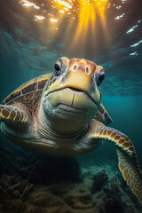 Fototapeta premium Close up of a sea turtle underwater. Endangered wildlife and ocean ecosystem concept. Generative AI