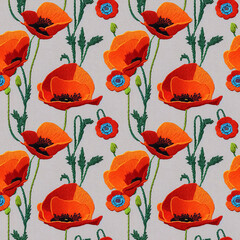 Embroidery poppies seamless pattern. Vintage style flower repeating fabric background. Generative AI