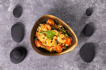 Udon stir-fry noodles with shrimp and vegetables. Asian cuisine