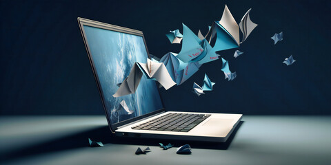 a laptop with paper flying out of it,