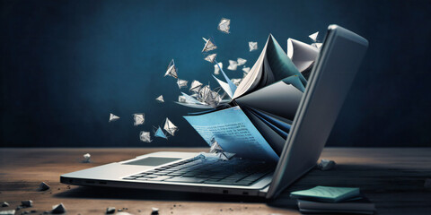 a laptop with paper flying out of it,