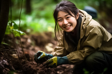 Asian student smiling during forest school camp, studying environment with passion for nature and thirst for knowledge. generative AI