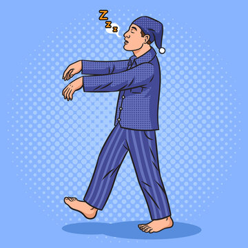 sleepwalker lunatic somnambulist walks while sleep and dream pinup pop art retro raster illustration. Comic book style imitation.