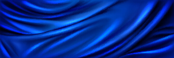 Blue drapery silk fabric luxury background. Nawy abstract satin cloth vector texture pattern. Smooth shiny drape material curtain. Elegant velvet curve motion image realistic horizontal design.