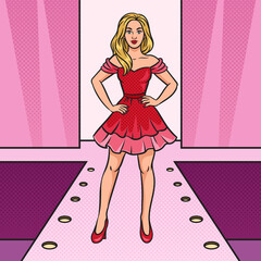 girl model in a dress on fashion show runway podium pinup pop art retro raster illustration. Comic book style imitation.