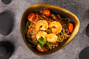 Udon stir-fry noodles with shrimp and vegetables. Asian cuisine