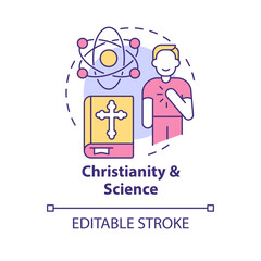 Christianity and science concept icon. Union of belief and study. Innovative religion abstract idea thin line illustration. Isolated outline drawing. Editable stroke. Arial, Myriad Pro-Bold fonts used
