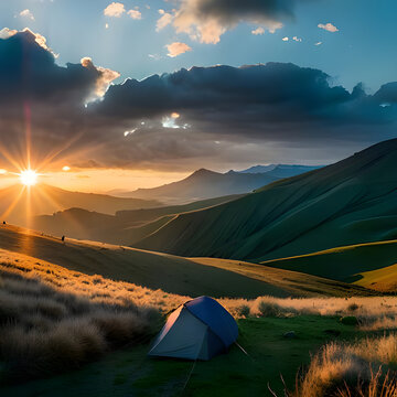 Camp in a beautiful location and sunrise over the landscape.