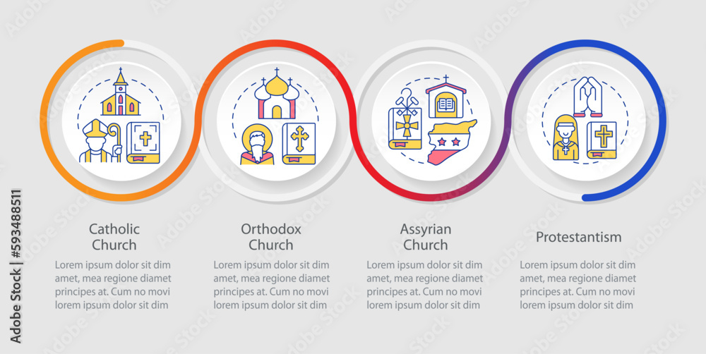 Fototapete christian churches loop infographic template. confessions. data visualization with 4 steps. editable