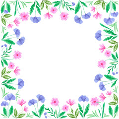 Fototapeta na wymiar Abstract flowers boarder frame. Hand drawn watercolor daisy wreath on white background. Can be used for cards, label, banner.