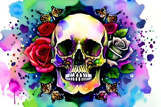 Skull and roses painted with watercolors on a white background