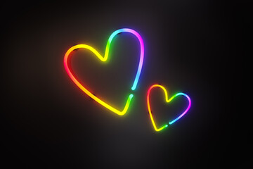 3D rendering of neon colorful glowing hearts