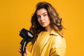 Hair Salon Professional. Professional hair stylist holding hair dryer in pastel yellow background with space for text. Beauty and fashion concept AI Generative