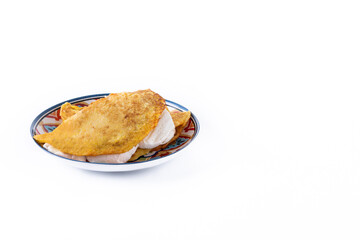 Traditional Venezuelan beef cachapa isolated on white background. Copy space