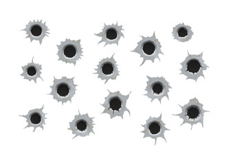 Ragged hole in metal from bullets on White transparent background. Different damaged element from bullet on metallic surface. vector illustration
 - obrazy, fototapety, plakaty