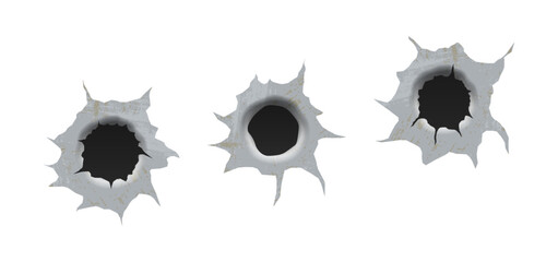 Realisic metal single and double bullet hole, damage effect. Ragged hole in metal from bullets on White transparent background.