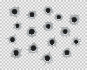 Realisic metal single and double bullet hole, damage effect. Ragged hole in metal from bullets on White transparent background.