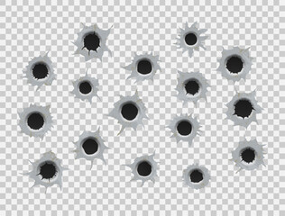 	
Set of six bullet holes. different damaged element from bullet on metallic surface. Isolated on white transparent background.
