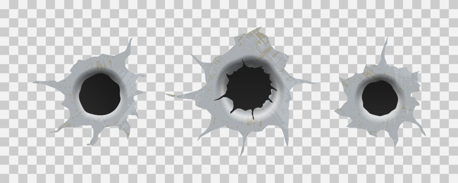 Ragged hole in metal from bullets on White transparent background. Different damaged element from bullet on metallic surface. vector illustration
