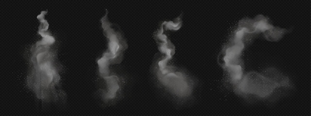 Realistic set of smoke trail in air isolated on transparent background. Vector illustration of ash clouds with small particles flying around. Fast speed movement tail left by aircraft or rocket in sky © klyaksun