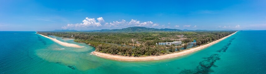 Drone panorama over Thai Natai Beach with mouth of Bo Dan River