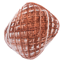 Isolated ball of new coiled brown and white yarn