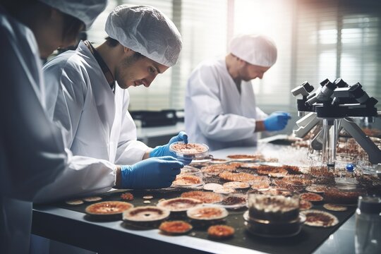 A laboratory, scientists in white coats studying dishes of psychedelic mushrooms under microscopes. Psilocybin therapy is showing promise for conditions like depression, OCD and PTSD. Generative AI