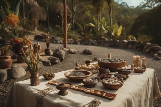 A wellness retreat nestled in nature, ceremonies and journeys with decoctions and elixirs containing powerful visionary plants like San Pedro, Iboga and Datura. Generative AI
