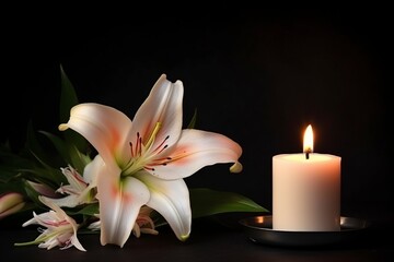 illustration, lily and burning candles on a dark background, ai generative