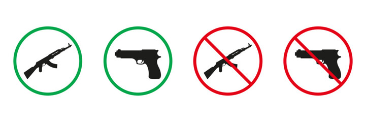 Handgun Red and Green Warning Signs. Hand Gun, Firearm, Pistol Silhouette Icons Set. Allowed and Prohibited Use Weapon Pictogram. Isolated Vector Illustration