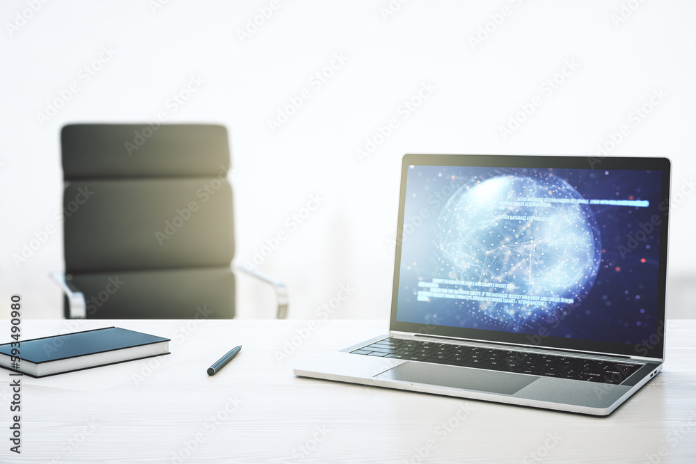 Fototapete modern computer display with abstract software development hologram and world map, global research a