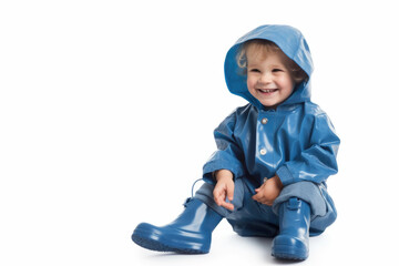 Fototapeta premium Rainy Day Fashionable Rainwear. Happy child in blue raincoat and boots jumping on white background. Copy space. Weather concept AI Generative