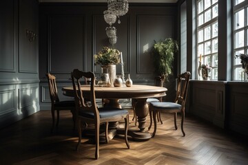 Table and chairs in a dining room. Generative AI