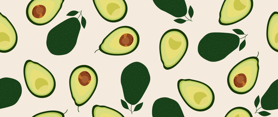 Vector flat illustration. Avocados of different types with a stone, without and whole on a light background. Seamless background for your design. Ideal for advertising, packaging, textiles or posters.