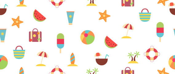 Vector flat summer background. Seamless pattern with palm tree, ice cream, ball, starfish, surf and other summer things. Suitable for textile decoration, advertising and gift wrapping.